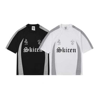 Men's Hip Hop Streetwear T-Shirt with Letter Print and Contrast Stripes – Urban Style Short Sleeve Shirt