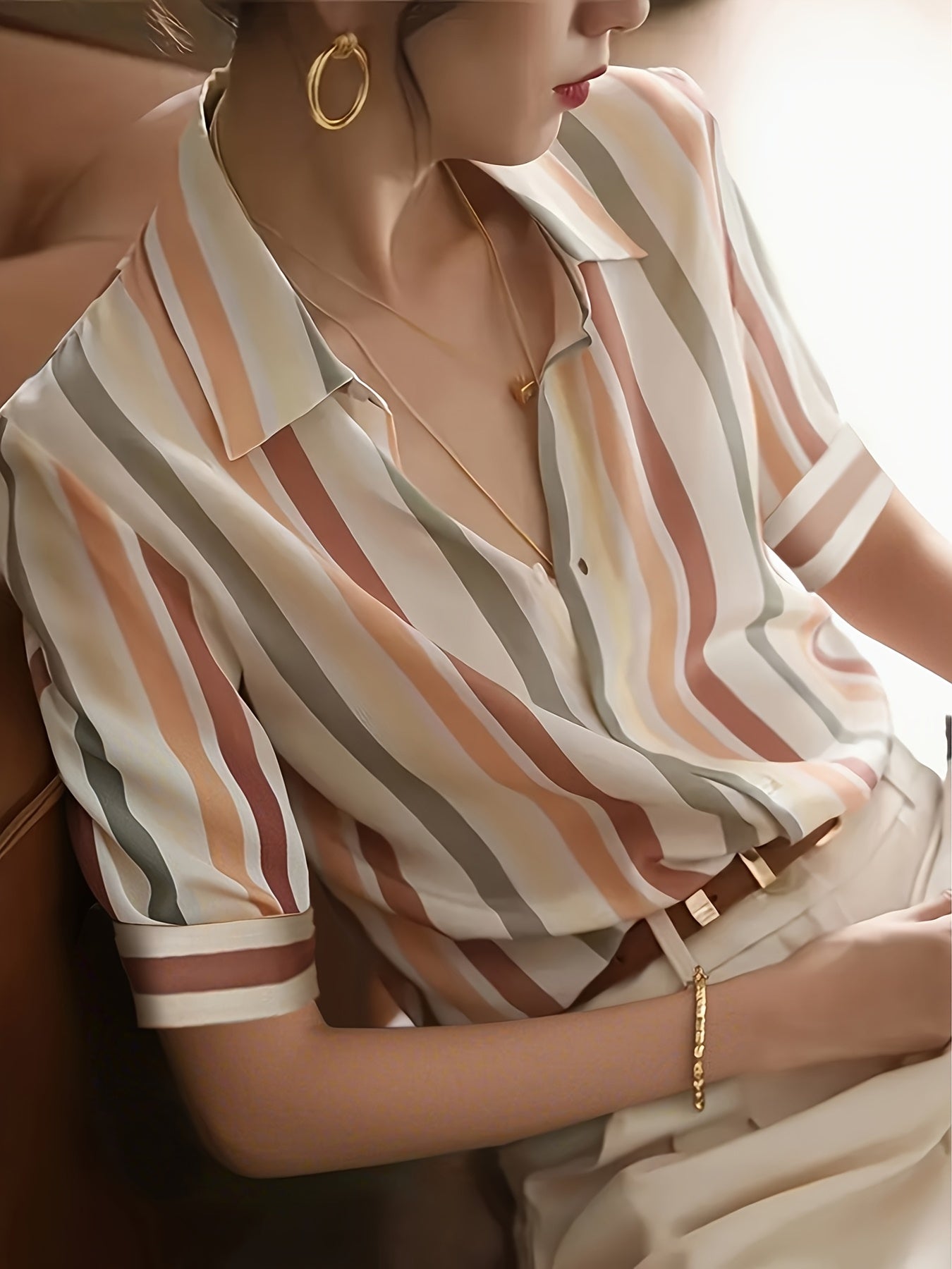 Women's Blouse Elegant Striped Short Sleeve Office Casual Style