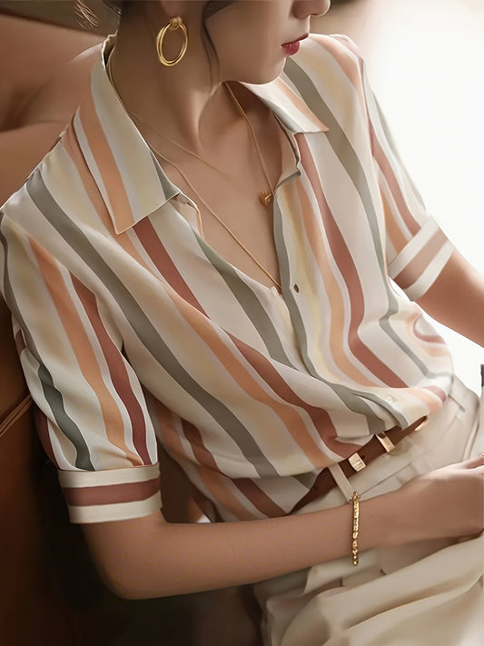 Women's Blouse Elegant Striped Short Sleeve Office Casual Style