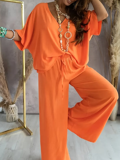 Women's Loose Lounge Pants & V-Neck Blouse Set – Elegant Casual Outfit for Everyday and Vacation