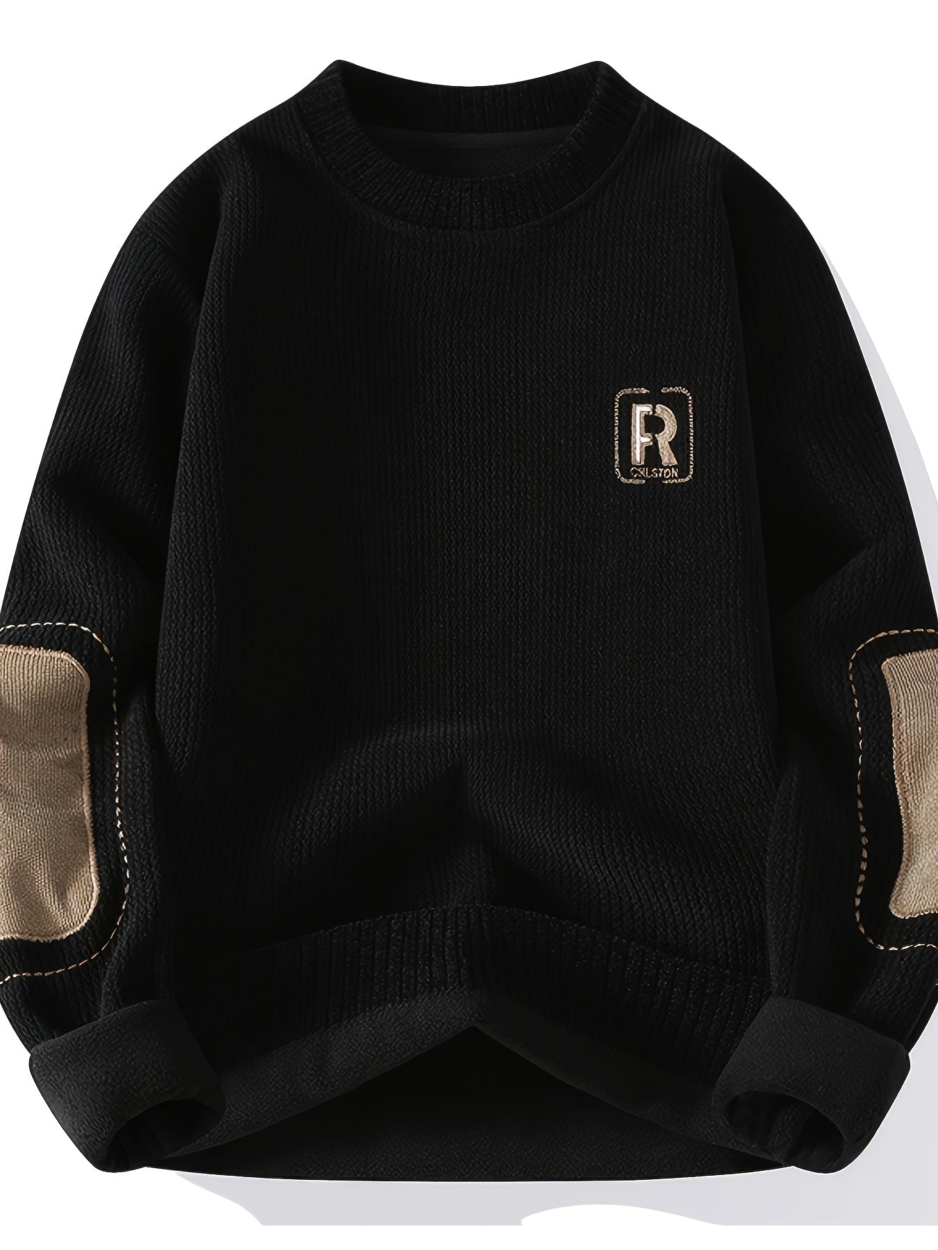 Unisex Langarm Pullover mit Ellbogen-Patches, Rundhalsausschnitt, gerippter Saum