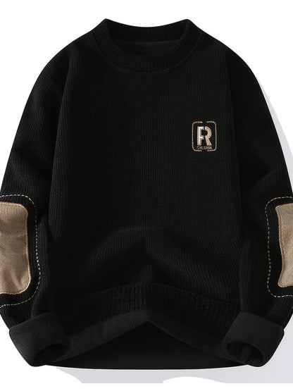 Unisex Langarm Pullover mit Ellbogen-Patches, Rundhalsausschnitt, gerippter Saum