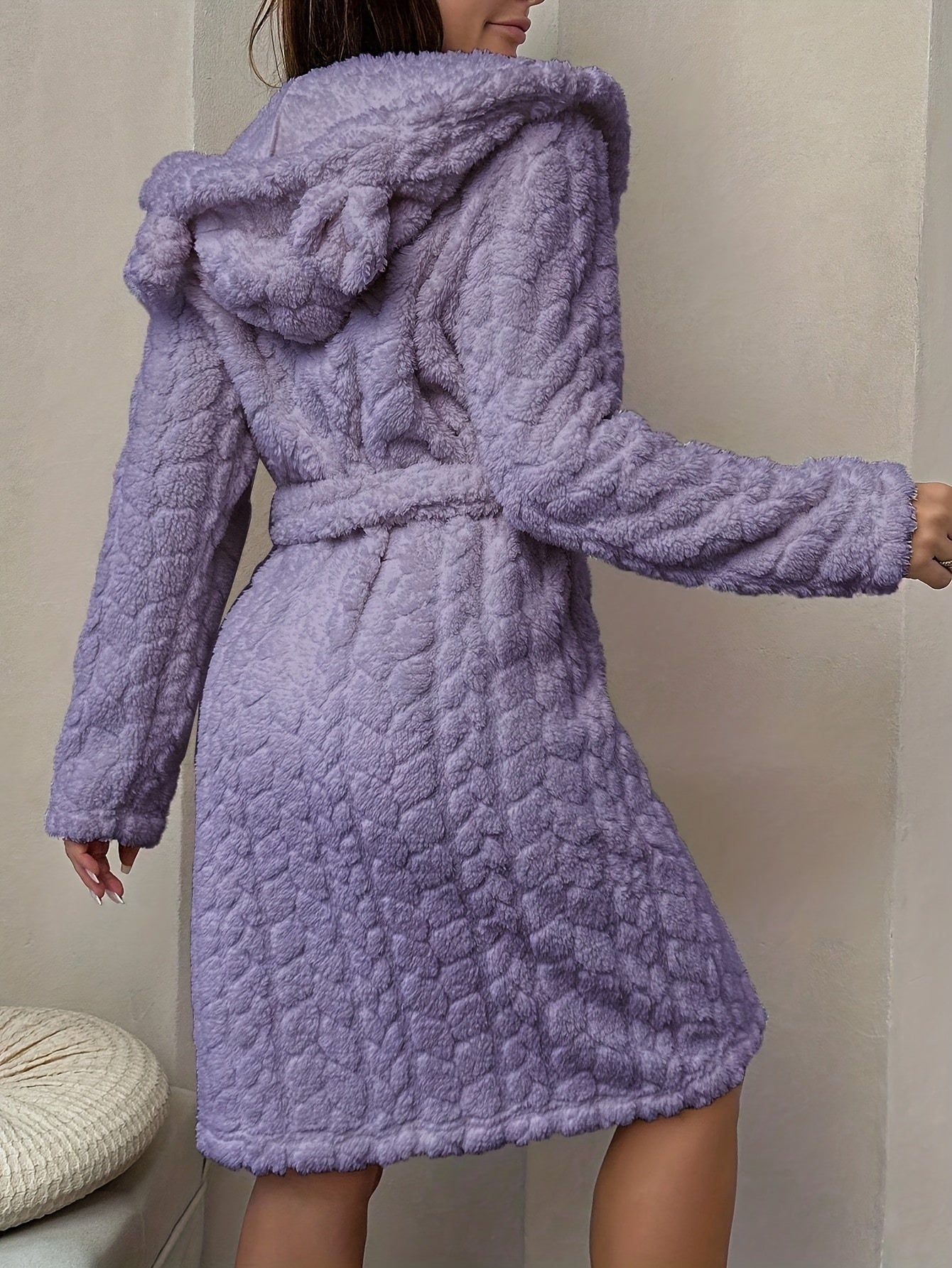 Women's long fluffy bathrobe with hood and ears, lilac purple