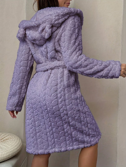 Women's long fluffy bathrobe with hood and ears, lilac purple