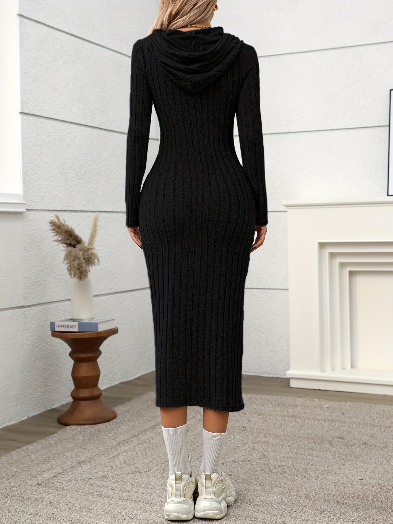 Ribbed midi dress for women, long-sleeve hooded dress