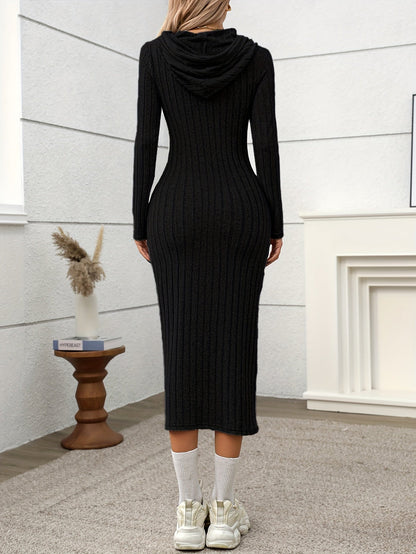 Ribbed midi dress for women, long-sleeve hooded dress