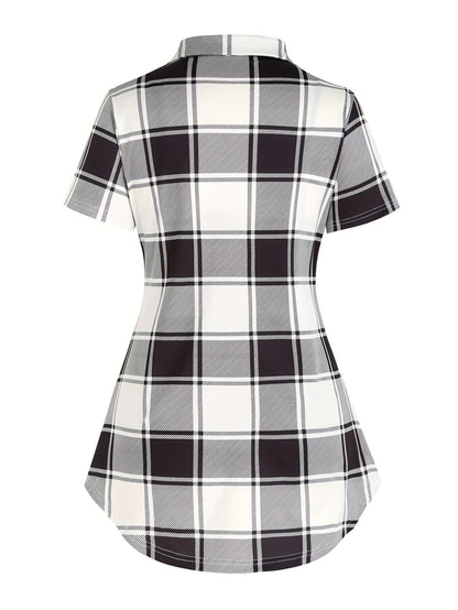 Women's plaid blouse with overlay and elegant look – summer casual shirt with cross detail