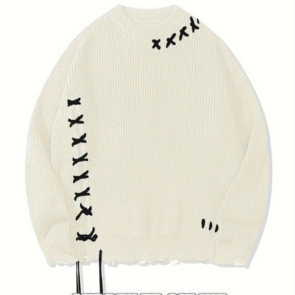 Unisex Strickpullover Schwarz mit Kreuzstich-Details und Destroyed-Effekt