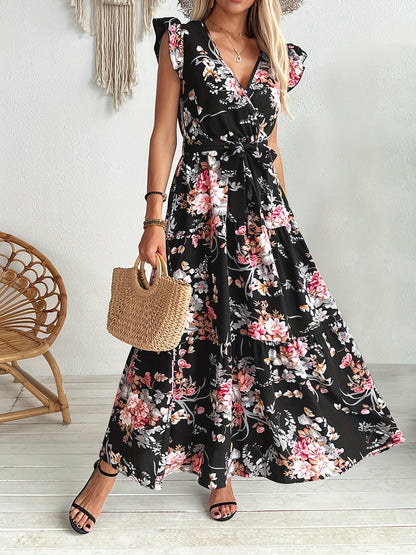 Women's Maxi Dress with Floral Pattern, V-Neck, Belt – Elegant Summer Dress for Vacation & Leisure