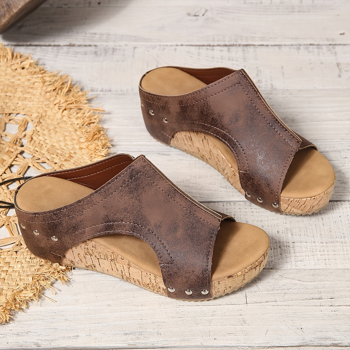 Women's Vintage Wedge Heel Mules for Summer – Comfortable Slip-on Sandals with Studs