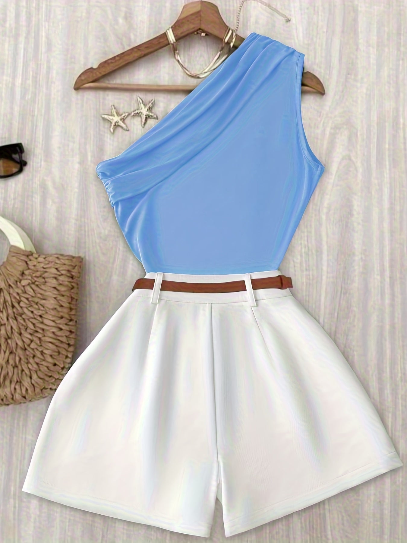 Women's One-Shoulder Elegant Summer Outfit Set – Stylish Shorts and Top for Leisure and Vacation