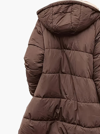 Women's Long Quilted Jacket with Hood and Teddy Lining – Fashionable Winter Coat for Leisure and Travel
