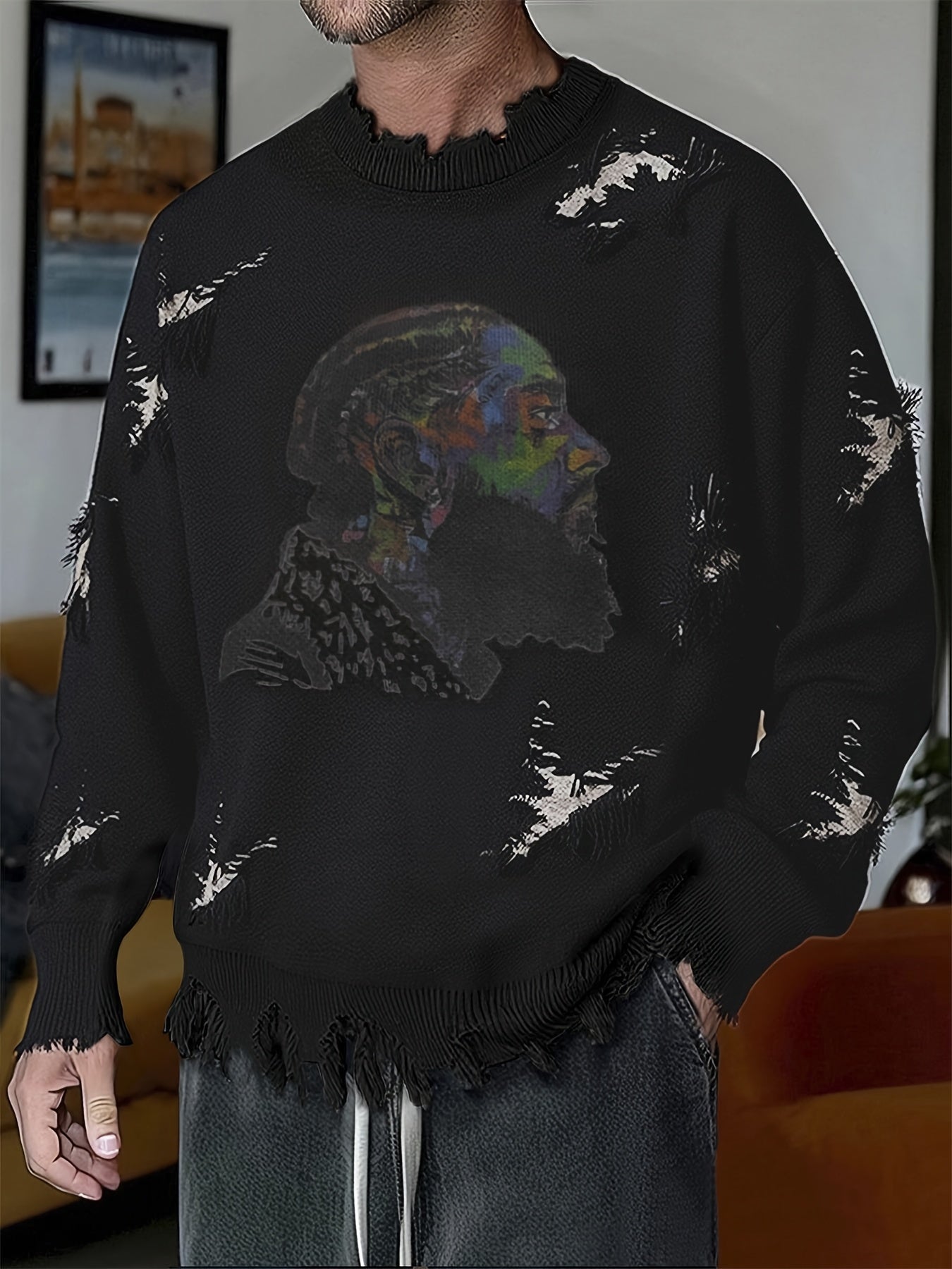 Men's chunky-knit crew-neck sweater with colorful portrait print and distressed details