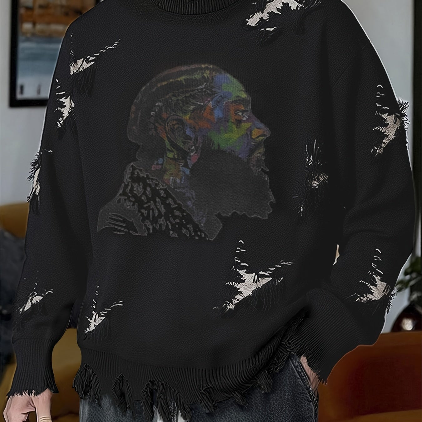 Men's chunky-knit crew-neck sweater with colorful portrait print and distressed details