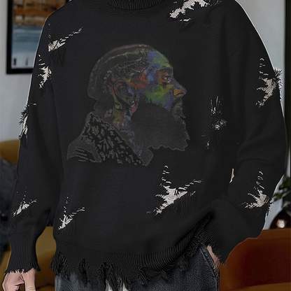 Men's chunky-knit crew-neck sweater with colorful portrait print and distressed details