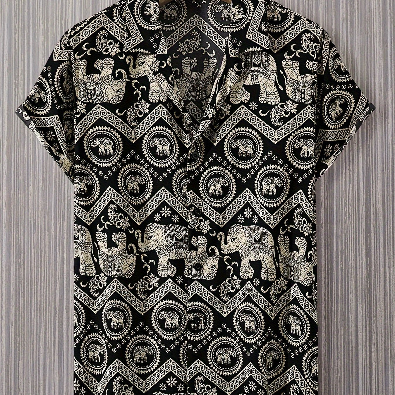 Men's Resort Shirt with Elephant and Mandala Print, Short Sleeve, Casual and Summer Style