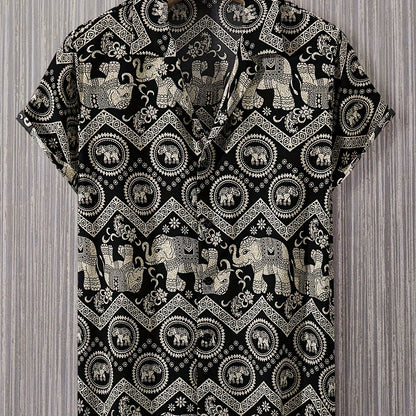 Men's Resort Shirt with Elephant and Mandala Print, Short Sleeve, Casual and Summer Style