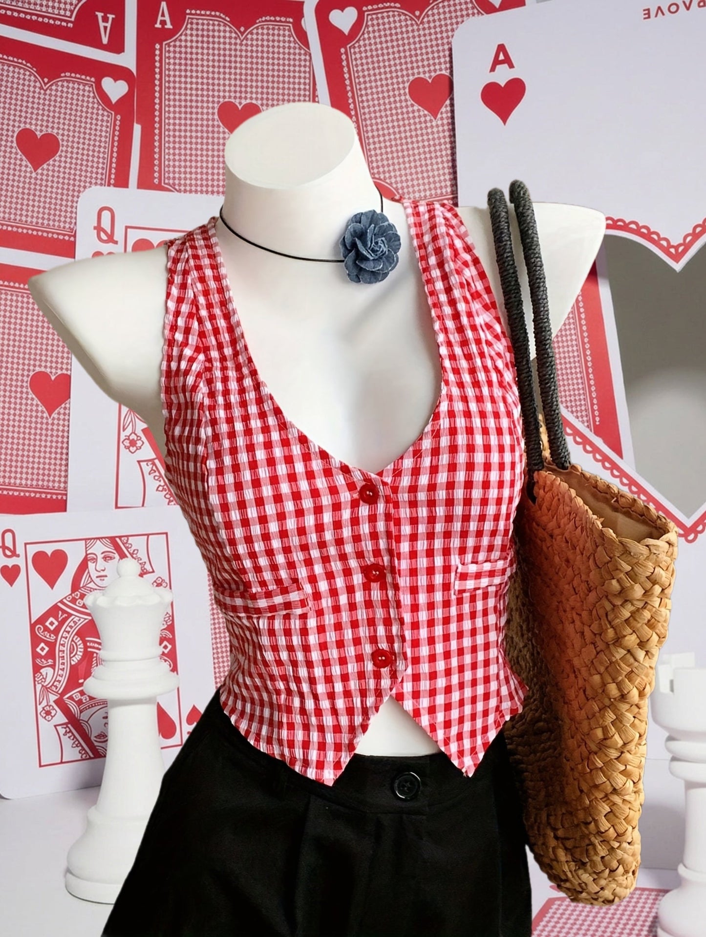 Women's Elegant Checked Vest in Vintage Style for Spring and Summer – Sleeveless, Short, Ideal for Everyday and Leisure Wear