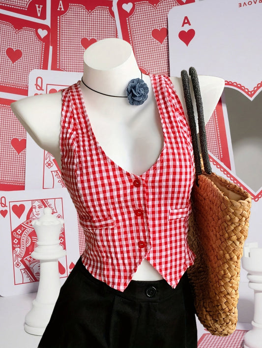 Women's Elegant Checked Vest in Vintage Style for Spring and Summer – Sleeveless, Short, Ideal for Everyday and Leisure Wear