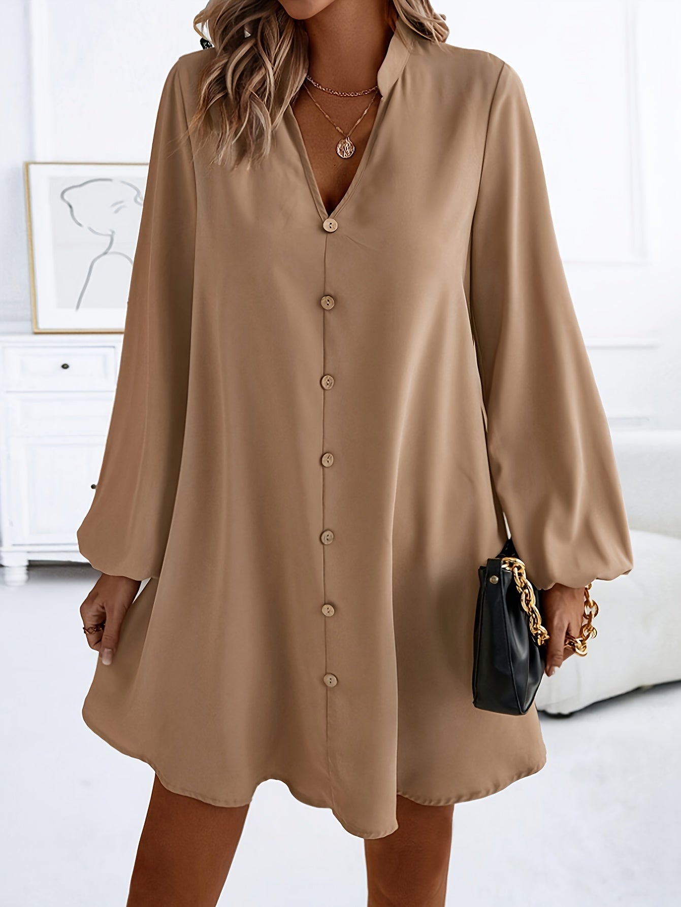 Damen Freizeitkleid mit Knopfleiste, A-Linien Schnitt, V-Ausschnitt, eleganter Alltagsstil