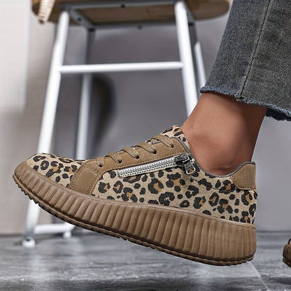 Women's Platform Sneakers with Leopard Print and Zipper – Fashionable Casual Shoes for Everyday and Street Style