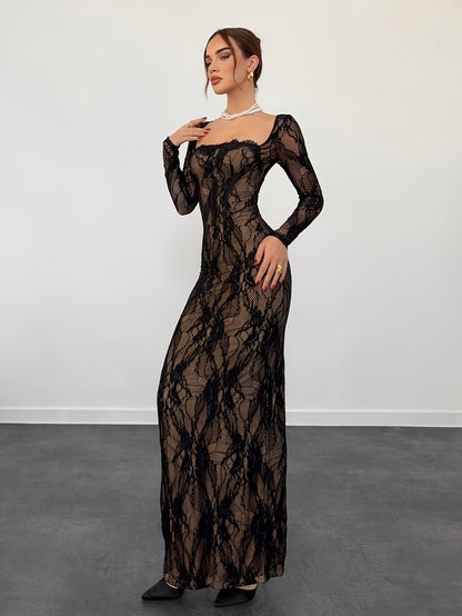 Women's Elegant Bodycon Evening Dress with Lace and Long Sleeves – Perfect for Special Occasions