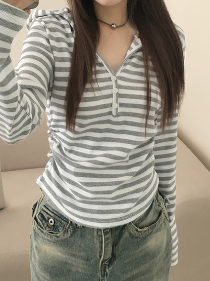 Damen Langarmshirt gestreift mit Knopfleiste