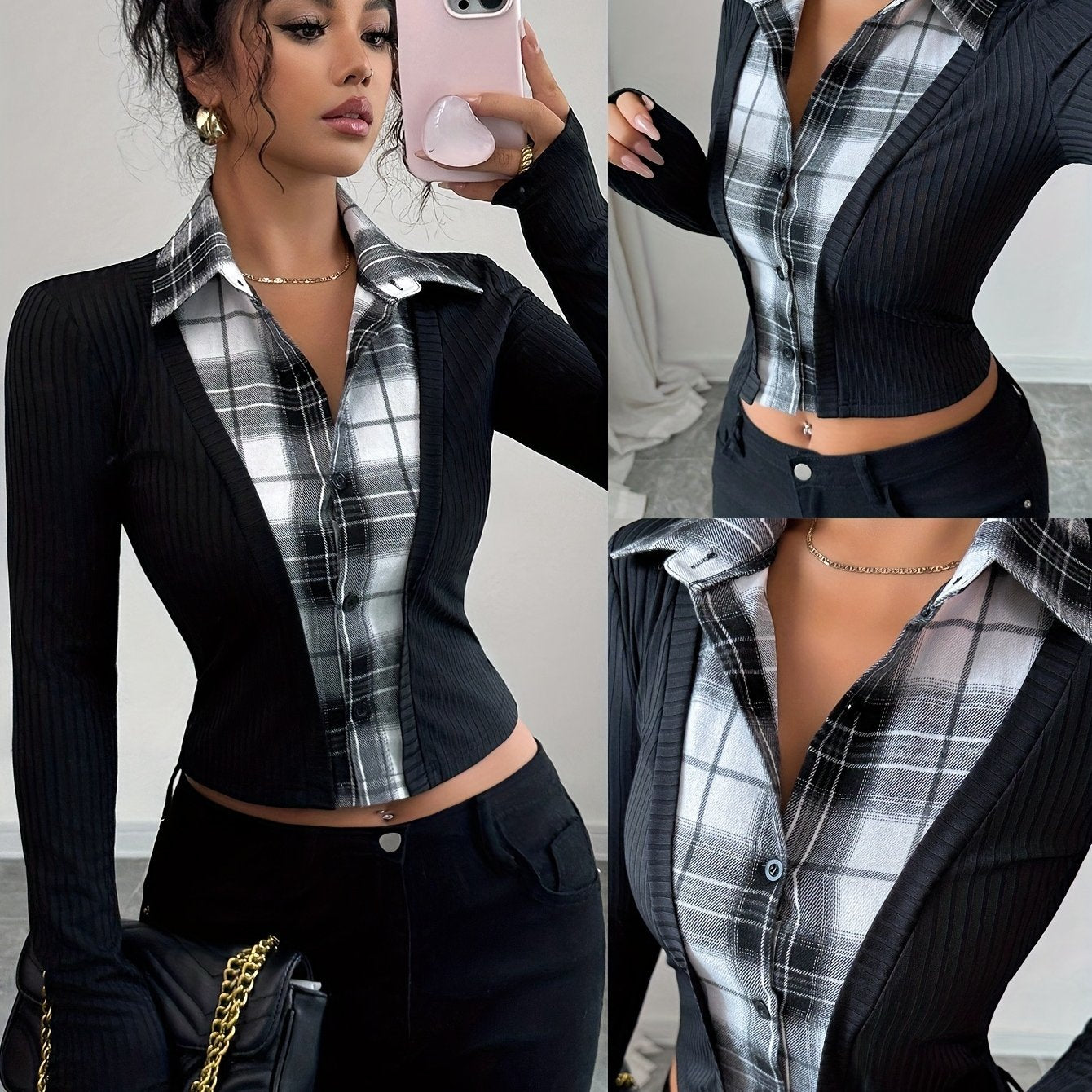 Women's black long-sleeve top with a checked blouse look