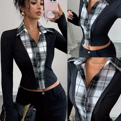 Women's black long-sleeve top with a checked blouse look