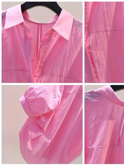 Women's Oversized Blouse Shirt with High-Low Hem and Short Sleeves – Fashionable Office and Casual Look