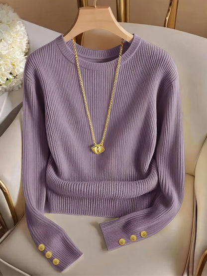 Women's rib-knit long-sleeve crew-neck sweater with buttons