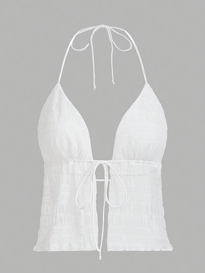 Women's Fashionable Halterneck Camisole Top with Ruching and Tie – Party & Summer Outfit