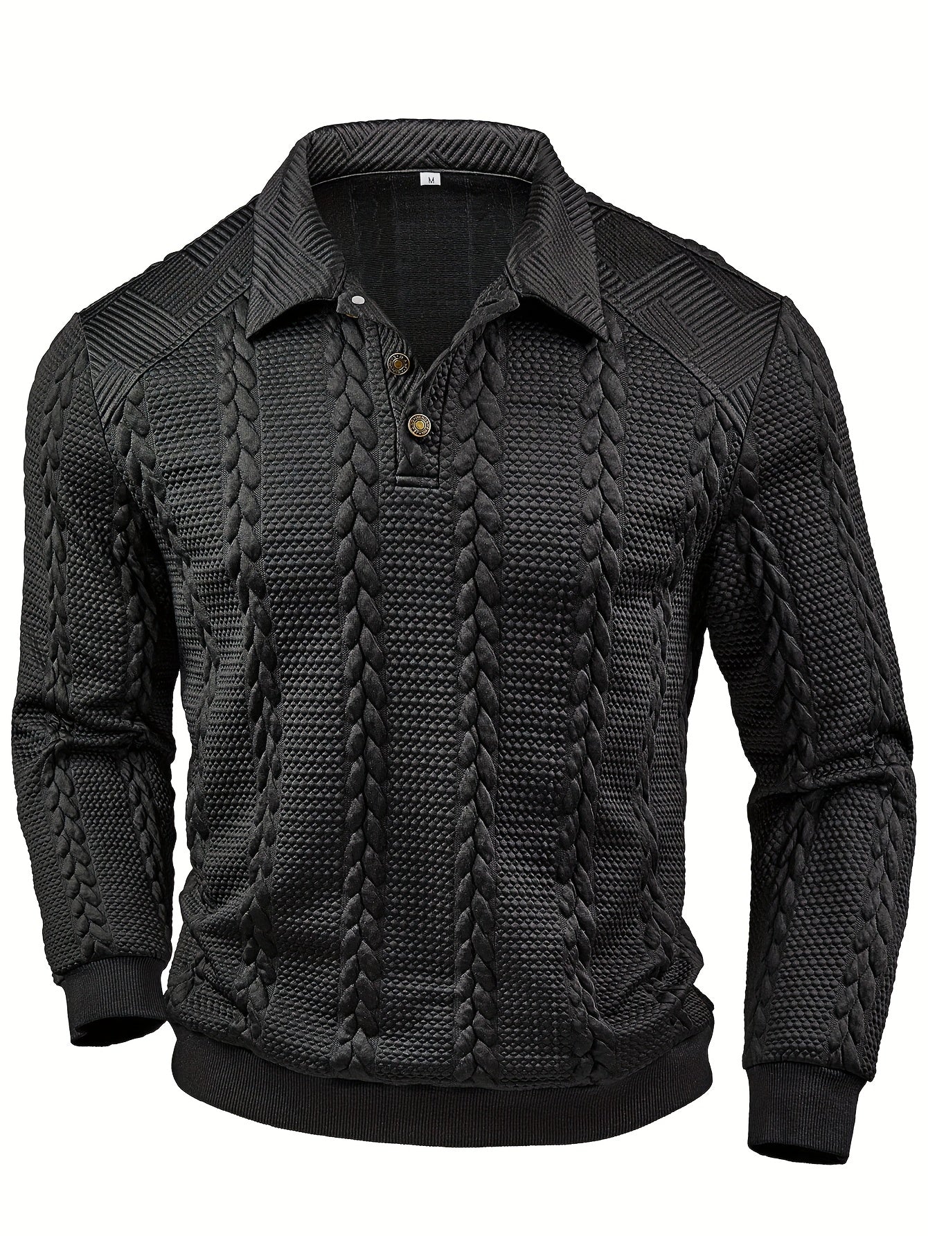 Men's textured black long-sleeve knit polo shirt