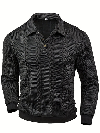 Men's textured black long-sleeve knit polo shirt