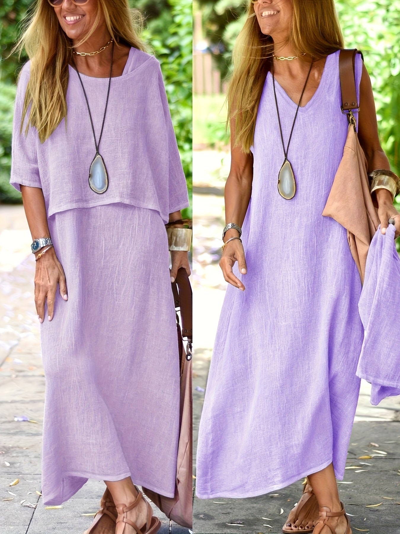 Damen Maxikleid Zweiteiler Set Boho Stil Lässig Sommerkleid für Alltag und Urlaub