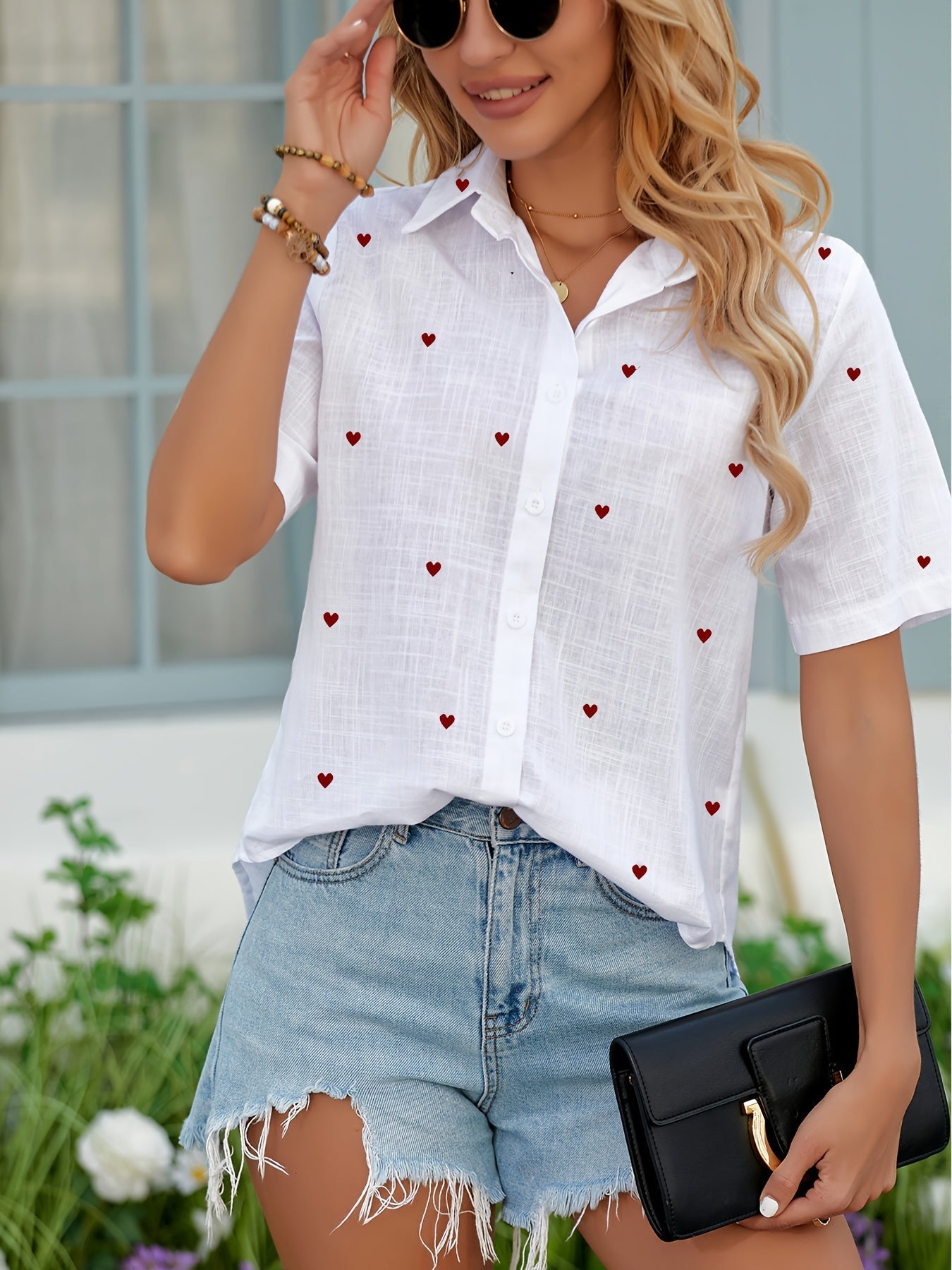 Women's Short-Sleeve Blouse with Heart Pattern, Casual Summer Shirt, Fashionable Leisurewear