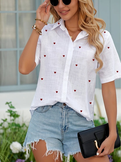 Women's Short-Sleeve Blouse with Heart Pattern, Casual Summer Shirt, Fashionable Leisurewear
