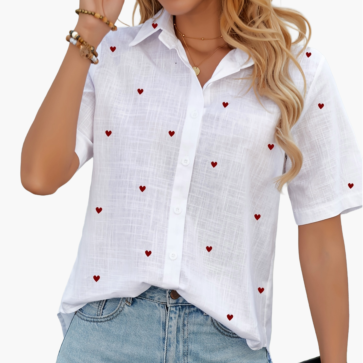 Women's Short-Sleeve Blouse with Heart Pattern, Casual Summer Shirt, Fashionable Leisurewear
