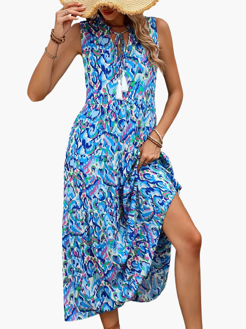 Women's Summer Dress Elegant Sleeveless with Allover Print and Tassels for Leisure and Vacation