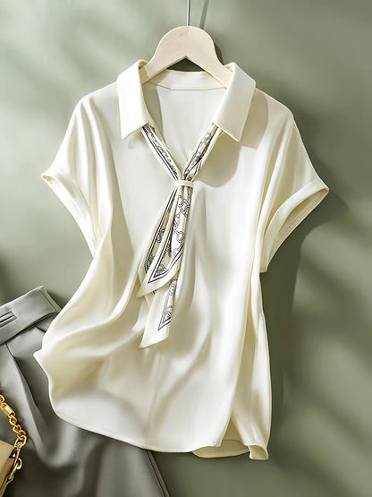 Women's blouse with short sleeves and decorative neck scarf – Elegant business and casual style