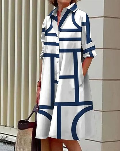 Damen Hemdblusenkleid Oversize mit geometrischem Muster – Stilvolles Freizeit- und Büro-Outfit