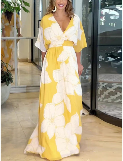 Women's maxi dress with floral pattern – Elegant summer dress for garden parties & vacation