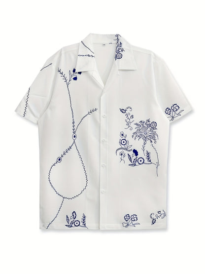 Men's Short-Sleeve Resort Shirt with Artistic Embroidery and Modern Floral Pattern – Stylish for Summer and Vacation