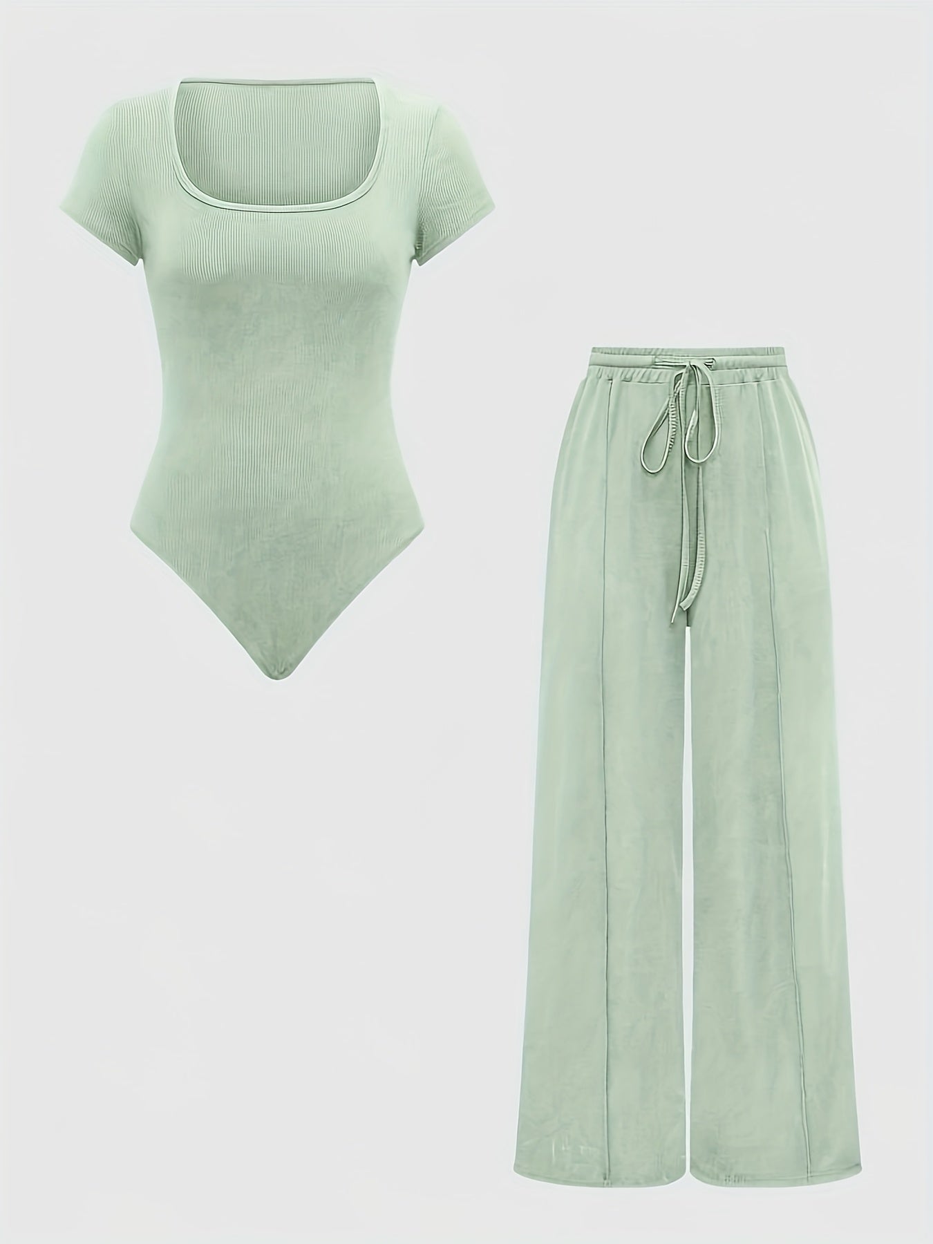 Women's One-Piece Set with Square Neck Bodysuit and Wide Pants, Casual & Everyday