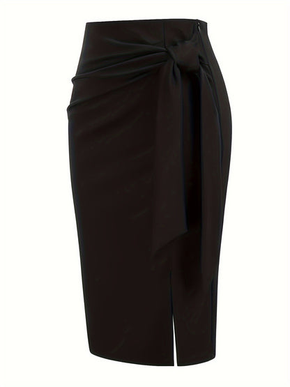 Women's Elegant Midi Skirt with Bow Detail and Slit – Perfect for Office & Festive Occasions