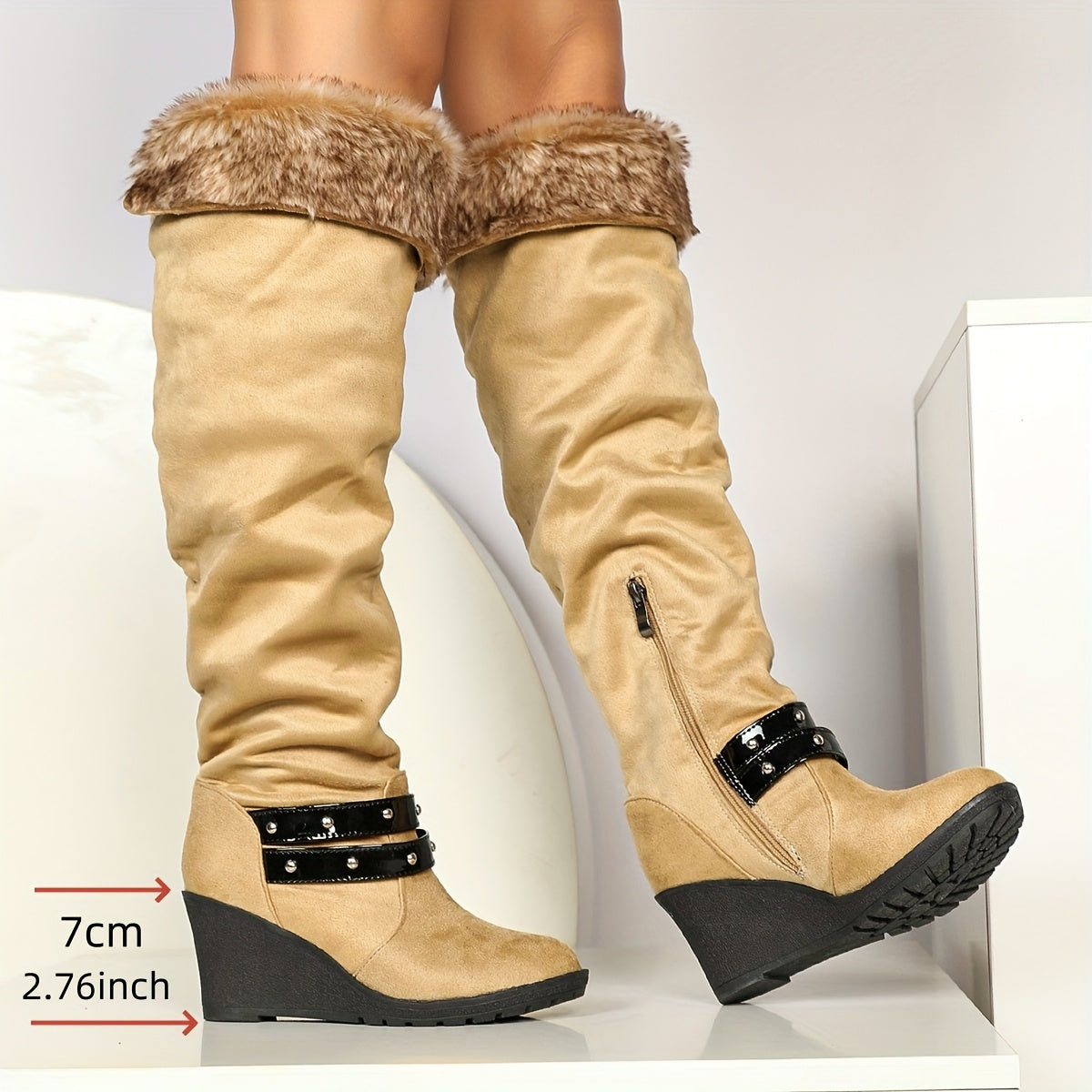 Women's wedge boots with faux-fur trim and buckles