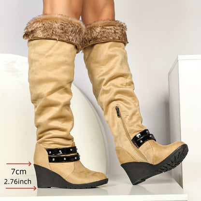 Women's wedge boots with faux-fur trim and buckles