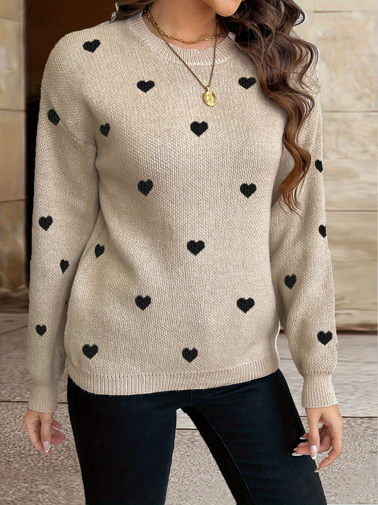 Damen Strickpullover mit Herzmuster Rundhals Langarm