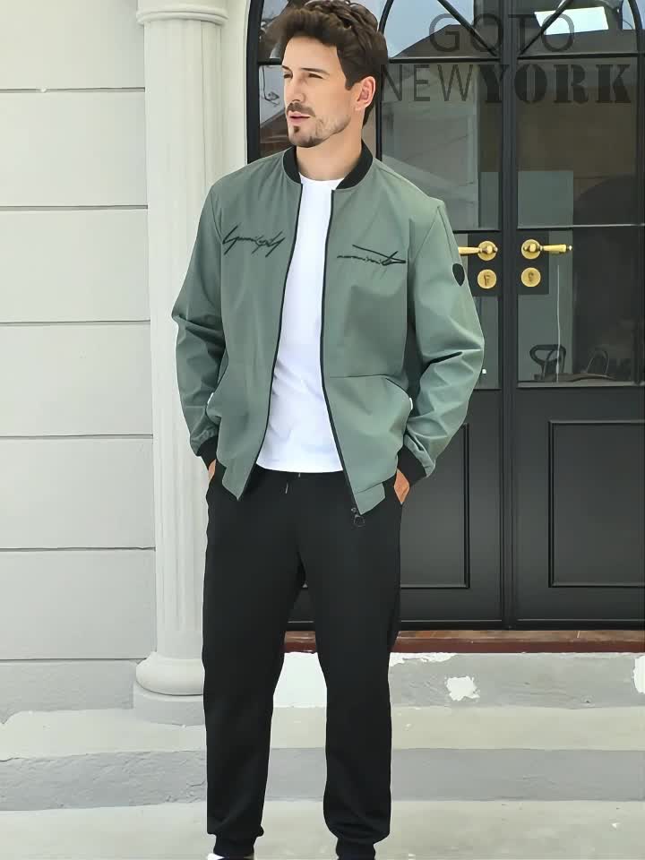 Men's Casual Tracksuit Set with Baseball Collar – Modern Embroidery Look for Everyday and Sports