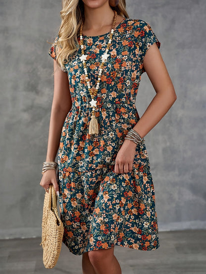 Women's summer dress with floral pattern – casual & vacation, A-line dress, knee-length, short sleeve